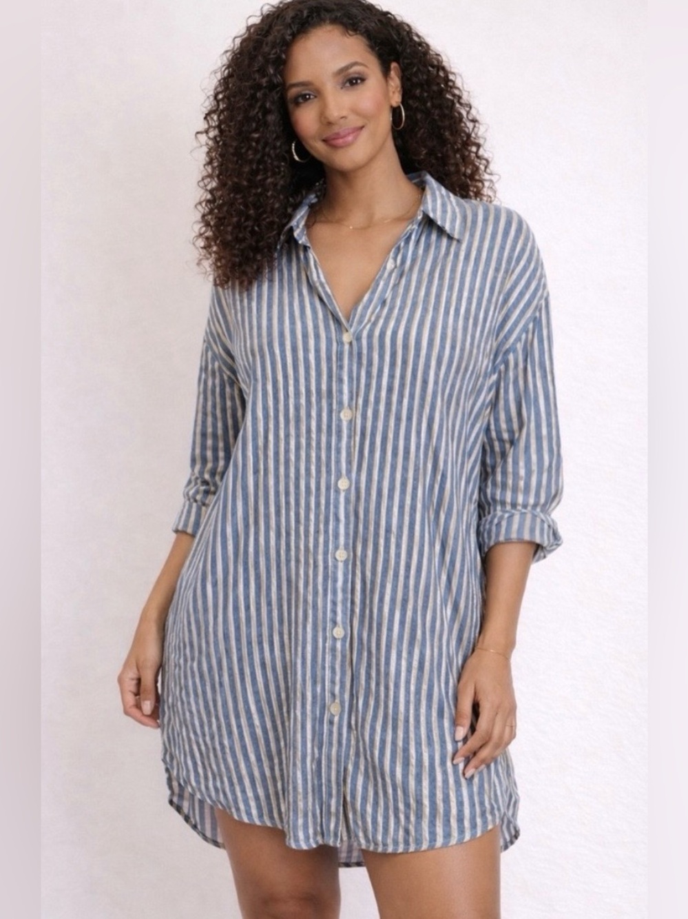 Club Z Collection Striped Blue and White Button-Front Shirt tunic, size 1X plus